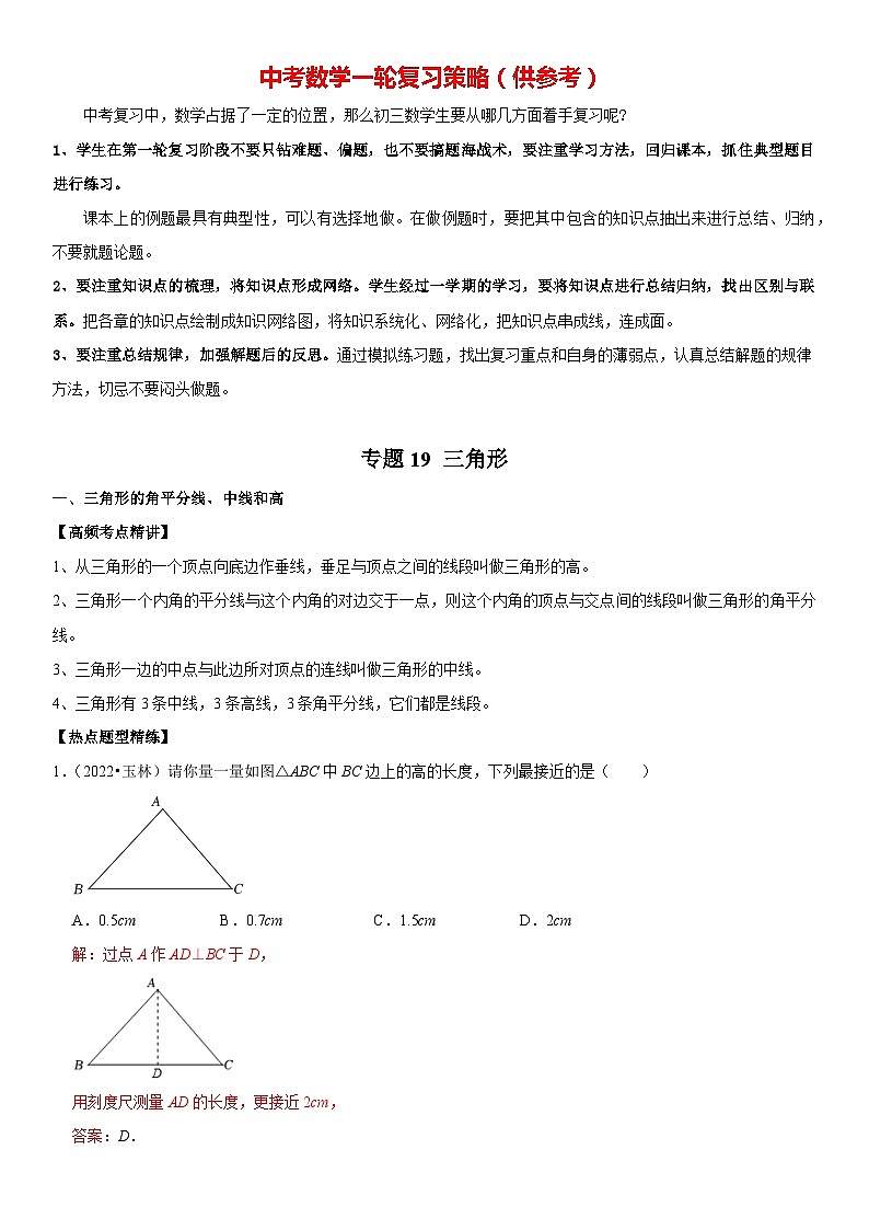 专题19 三角形（解析版）-2023年中考数学一轮复习高频考点精讲精练（全国通用）第1页