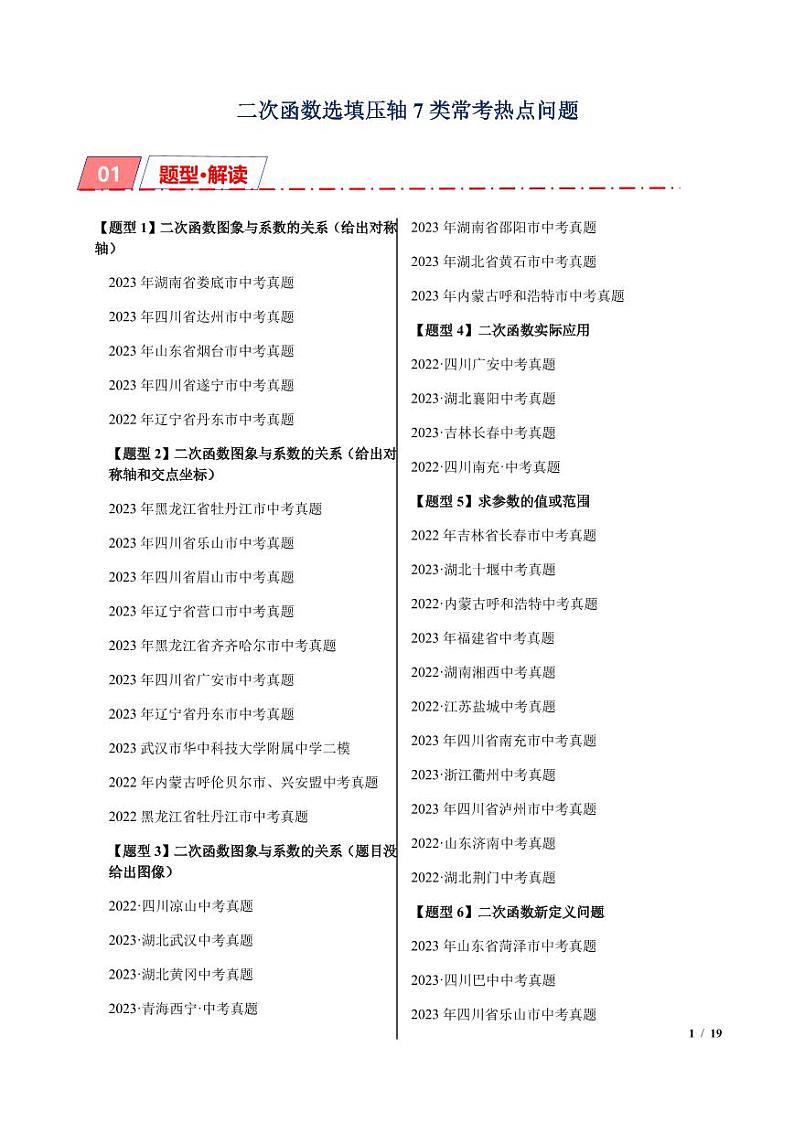 2024年中考数学二轮复习 二次函数选填压轴7类常考热点问题（原卷版+解析版）01