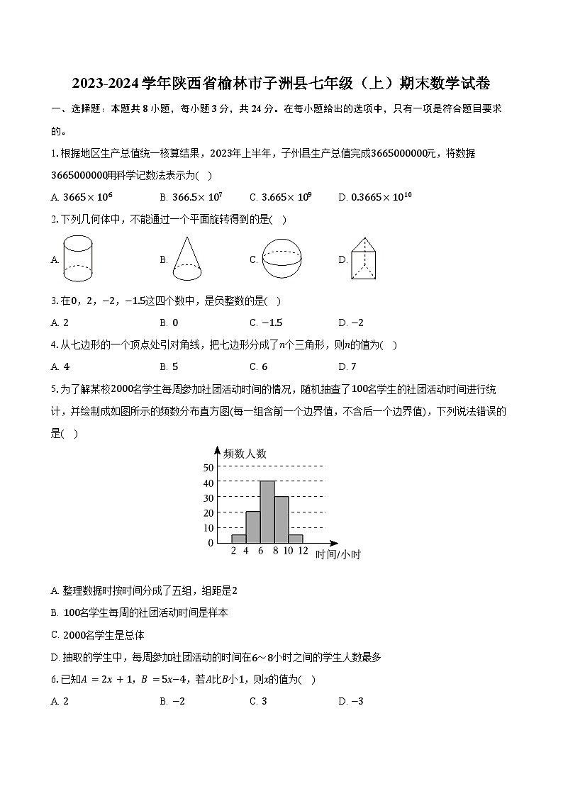 2023-2024学年陕西省榆林市子洲县七年级（上）期末数学试卷（含解析）第1页