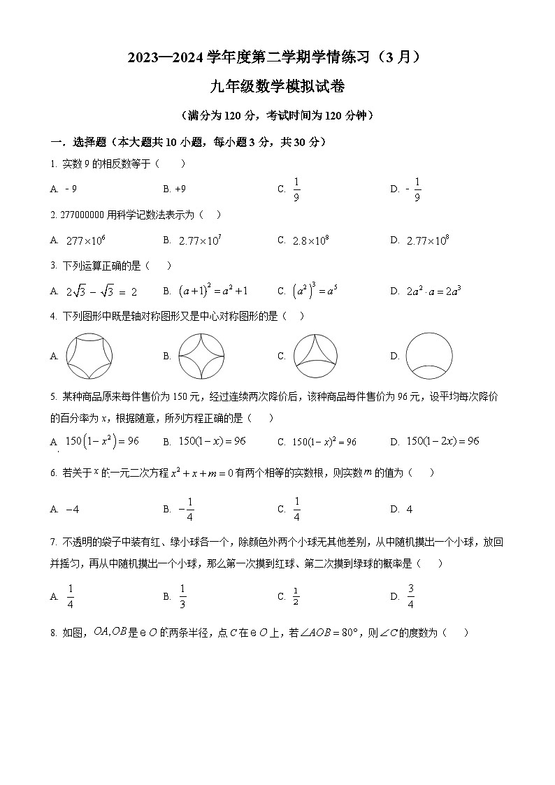 2024年广东省茂名市高州市第一中学附属实验中学九年级中考一模数学试题（原卷版+解析版）01