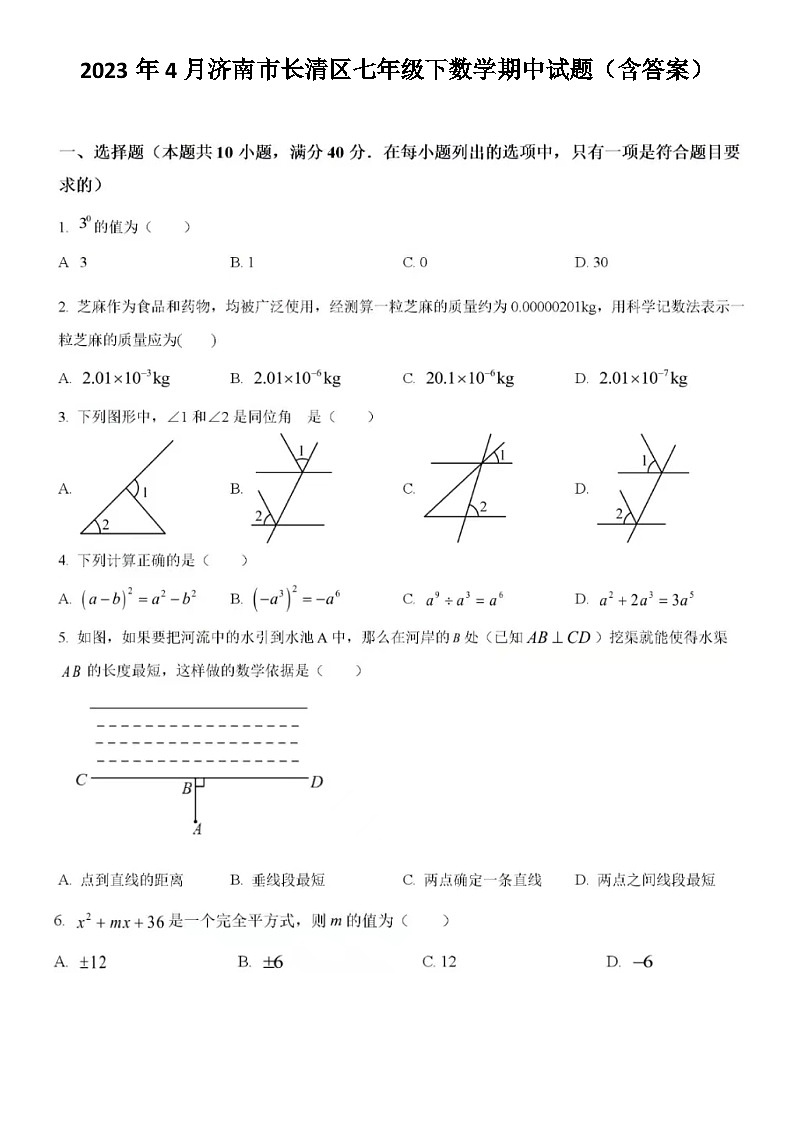 2023年4月济南市长清区七年级下数学期中试题（含答案）第1页