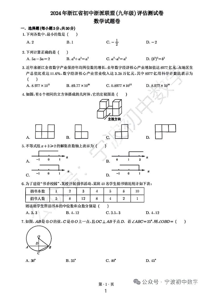 2024年浙江省初中浙派联盟（九年级）评估测试卷数学试题卷01
