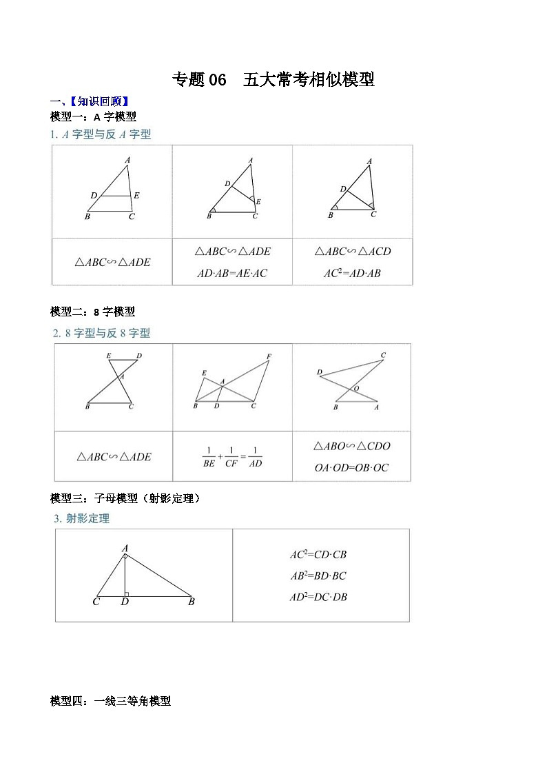 中考数学二轮复习考点提分特训专题06 五大常考相似模型（原卷版） 第1页