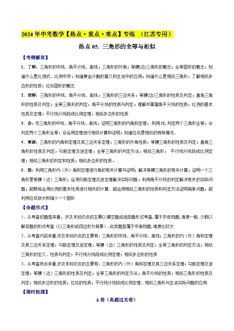 2024年中考数学【热点重点难点】专练热点05三角形的全等与相似(江苏专用)(原卷版+解析)第1页