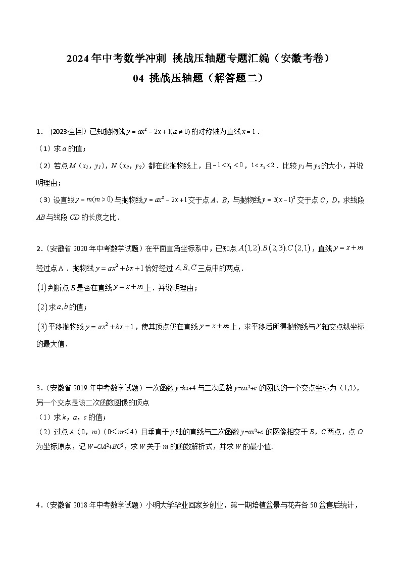2024年中考数学冲刺挑战压轴题专题汇编(安徽卷)04挑战压轴题(解答题二)(原卷版+解析)第1页