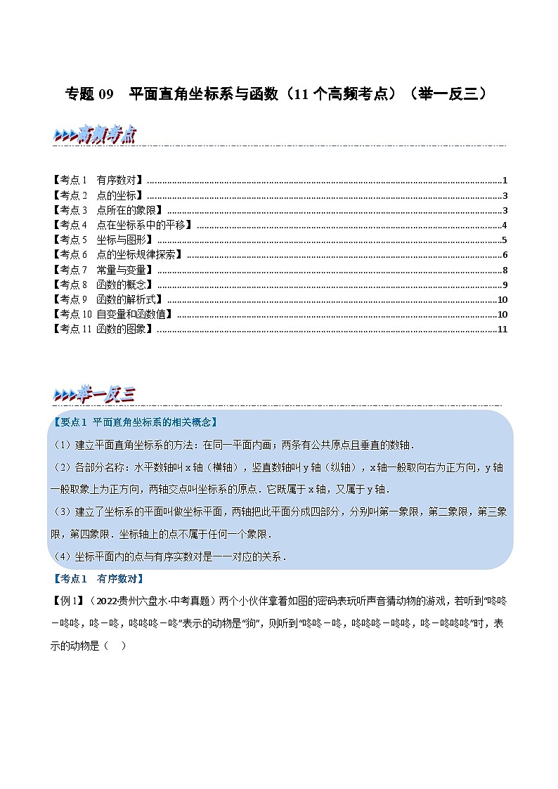 中考数学总复习专题09平面直角坐标系与函数(11个高频考点)(举一反三)(全国版)(原卷版+解析)第1页