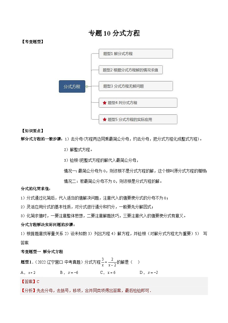 中考数学一轮复习满分突破考点题型专练专题10 分式方程（解析版）第1页