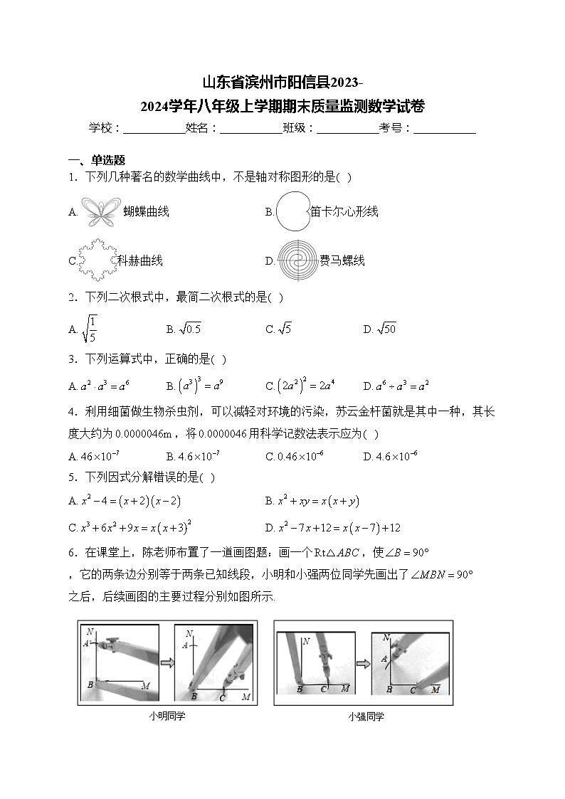 山东省滨州市阳信县2023-2024学年八年级上学期期末质量监测数学试卷(含答案)第1页