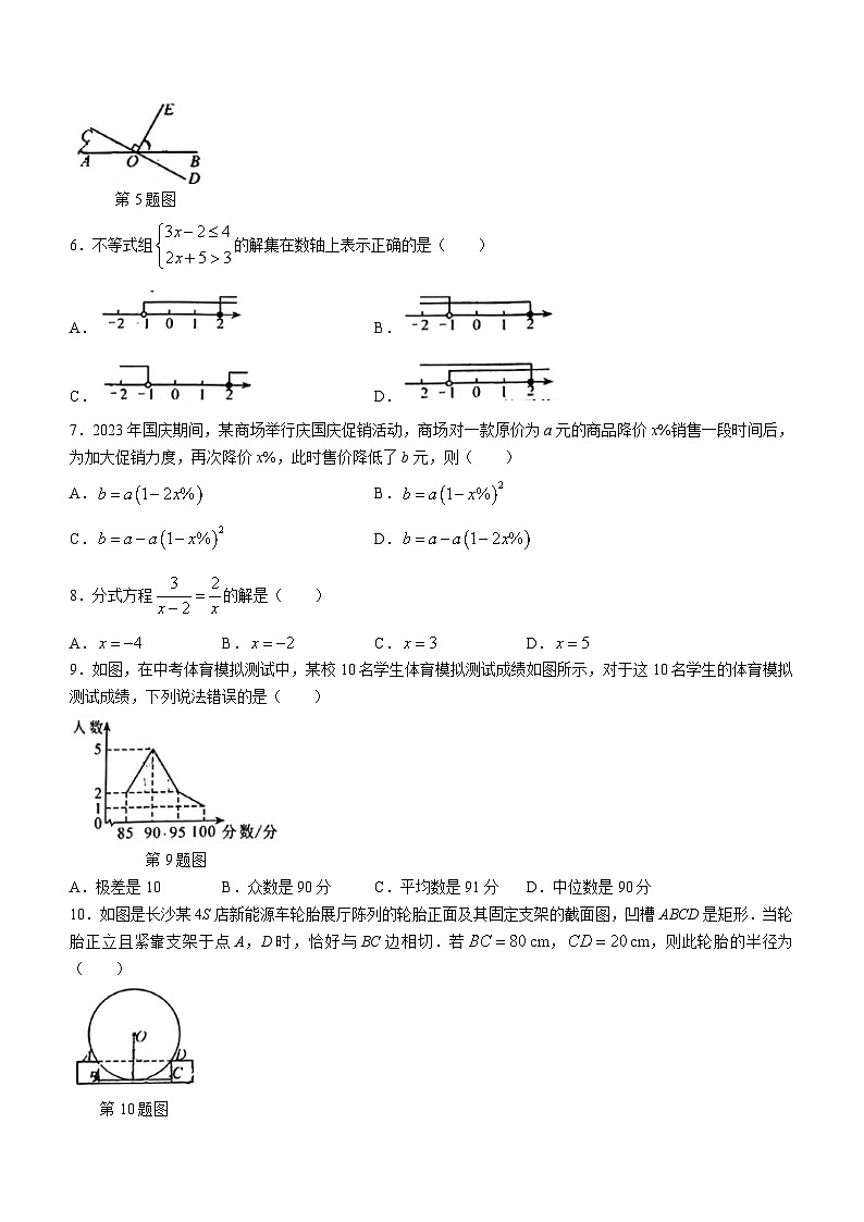 2024年湖南省长沙市部分学校中考模拟数学试题(无答案)第2页