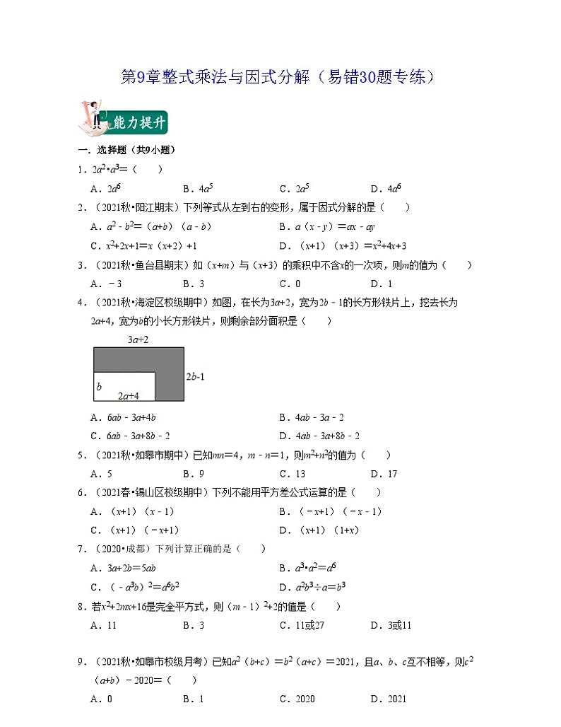 第9章 整式乘法与因式分解（易错30题专练）-2023-2024学年七年级数学下学期考试满分全攻略（苏科版）01