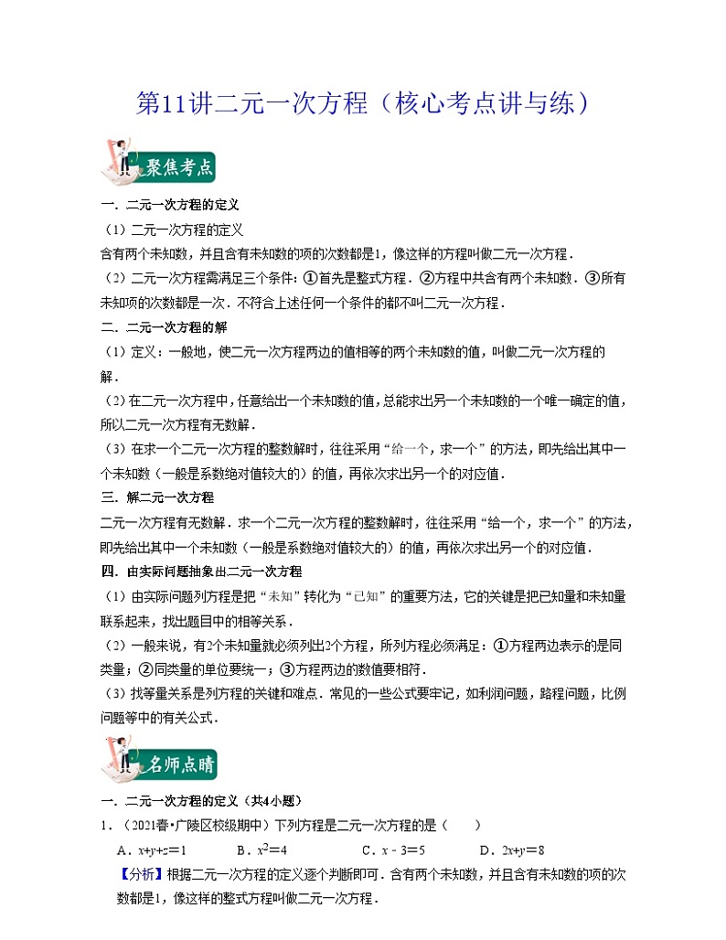第11讲 二元一次方程（核心考点讲与练)-2023-2024学年七年级数学下学期考试满分全攻略（苏科版）01