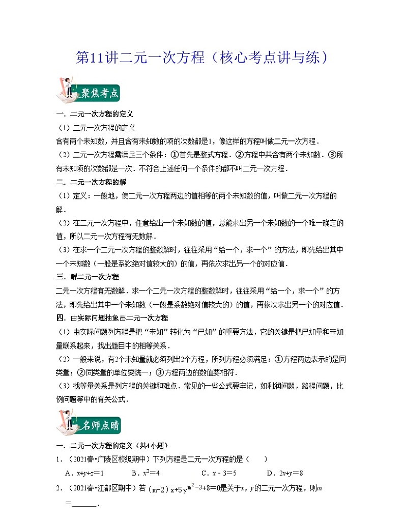 第11讲 二元一次方程（核心考点讲与练)-2023-2024学年七年级数学下学期考试满分全攻略（苏科版）01