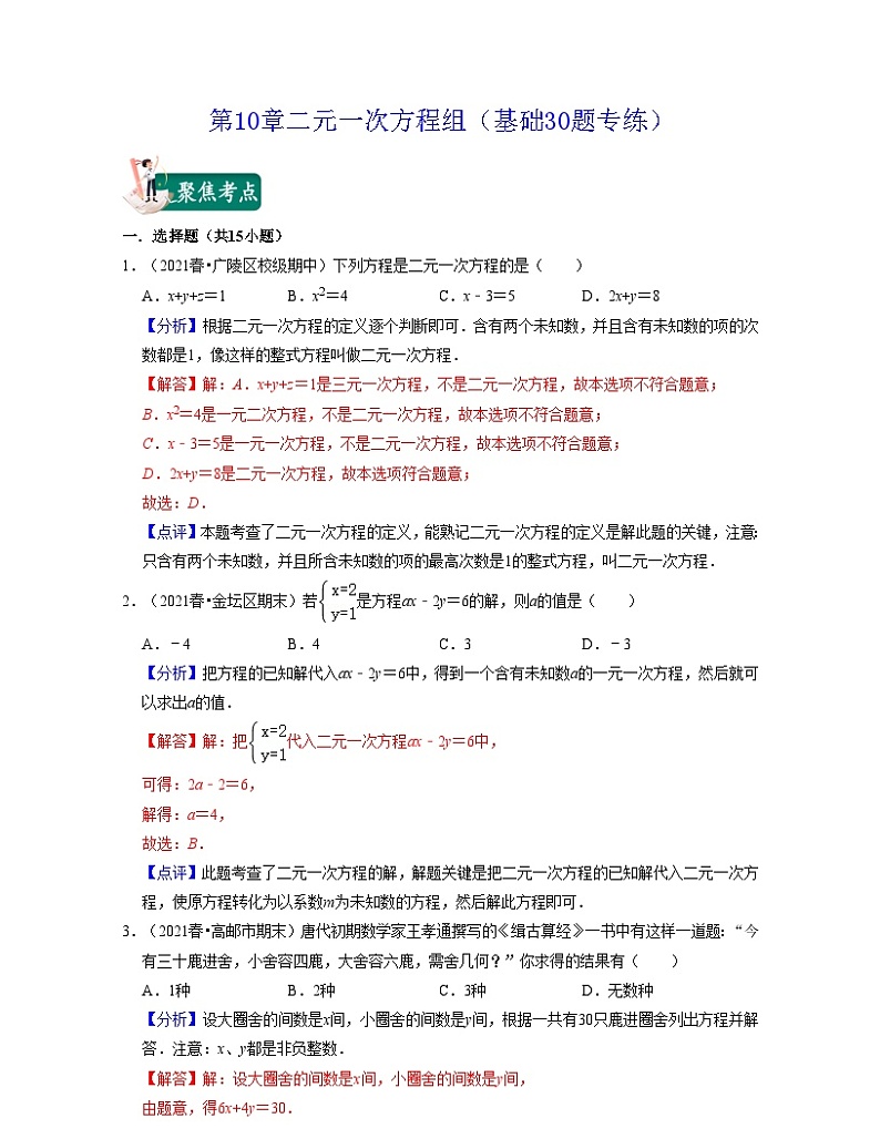 第10章 二元一次方程组（基础30题专练）-2023-2024学年七年级数学下学期考试满分全攻略（苏科版）01