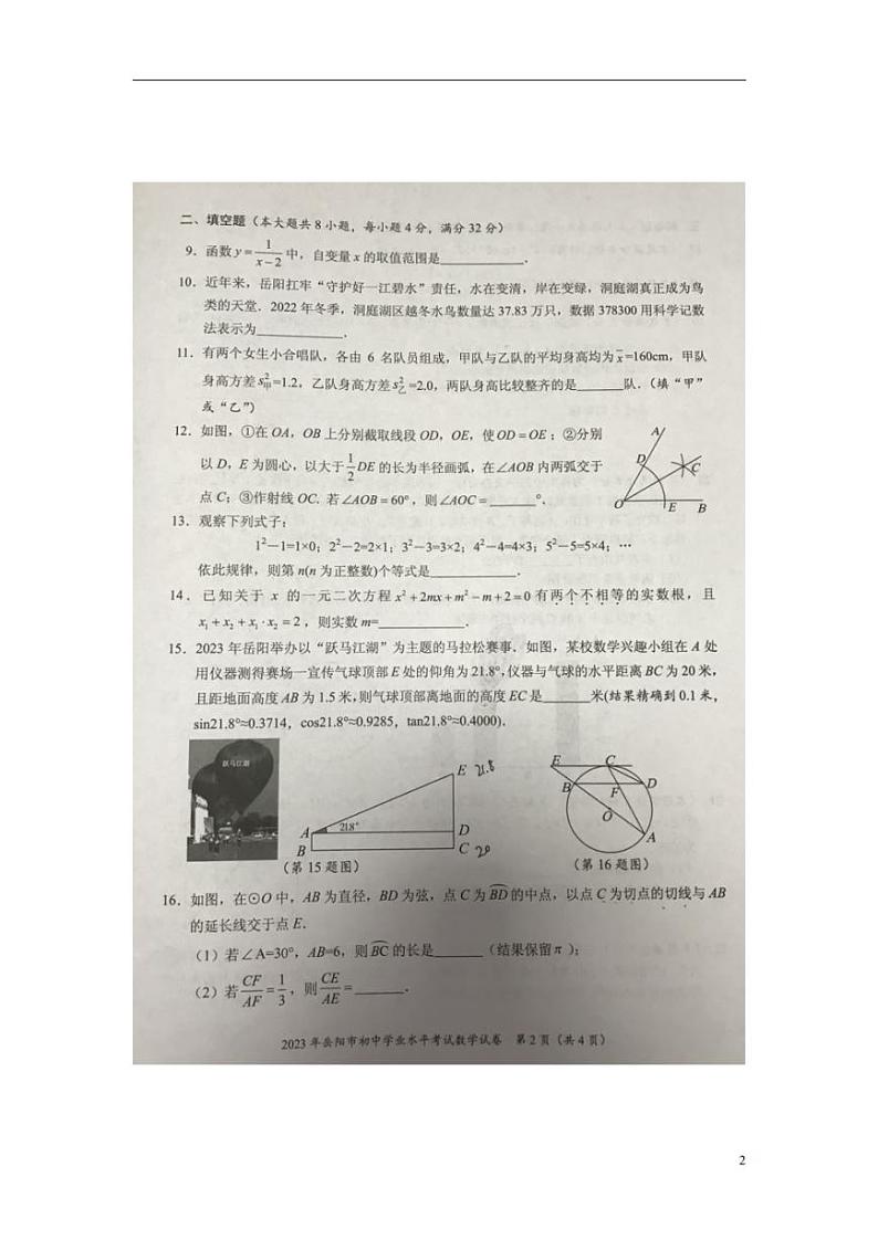 2023年湖南省岳阳市中考数学真题试卷02