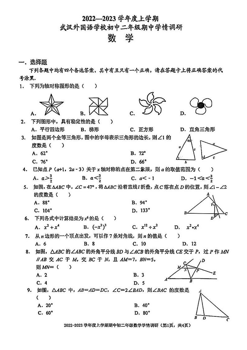 湖北省武汉市武汉外国语学校2022-2023学年度上学期期中八年级数学试题01