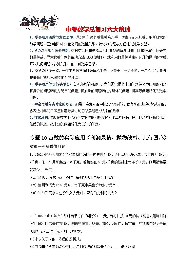 专题10 函数的实际应用（利润最值、抛物线型、几何图形）（原卷版）第1页