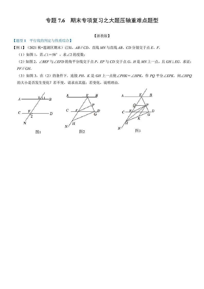 浙教版七年级数学下册期末专项复习之大题压轴重难点题型01