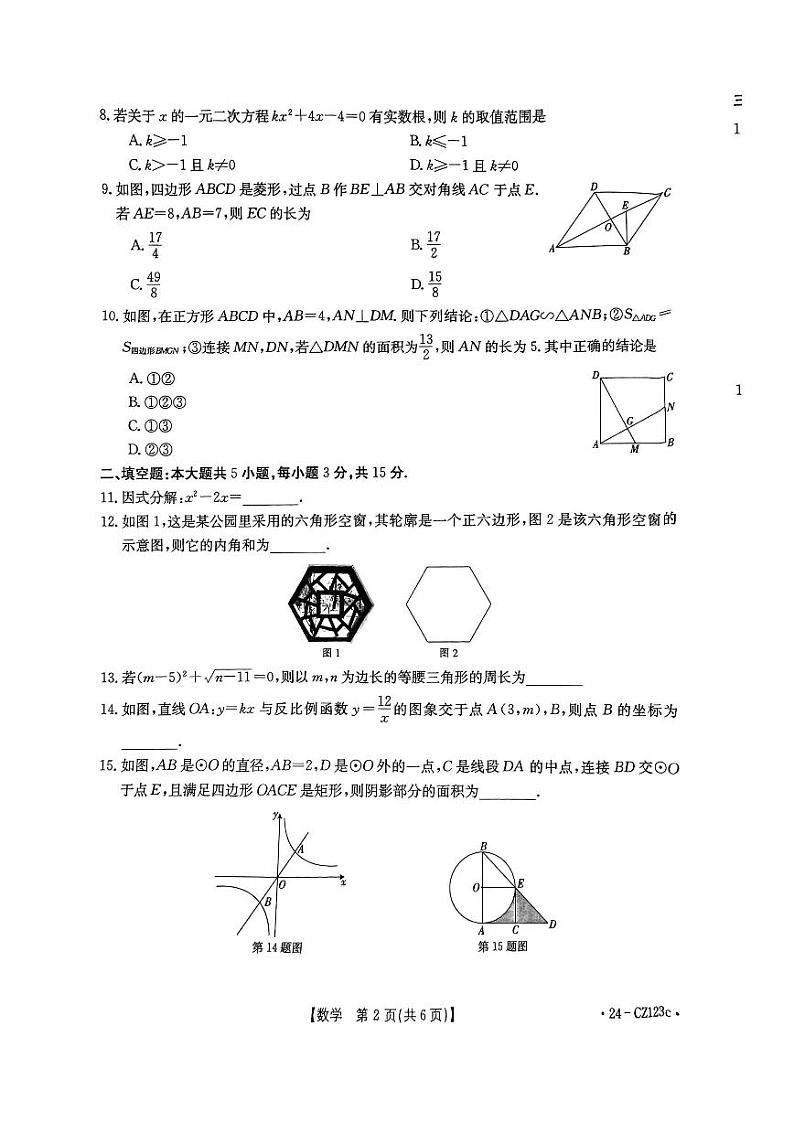 2024年广东湛江市廉江市中考一模数学试题+答案02