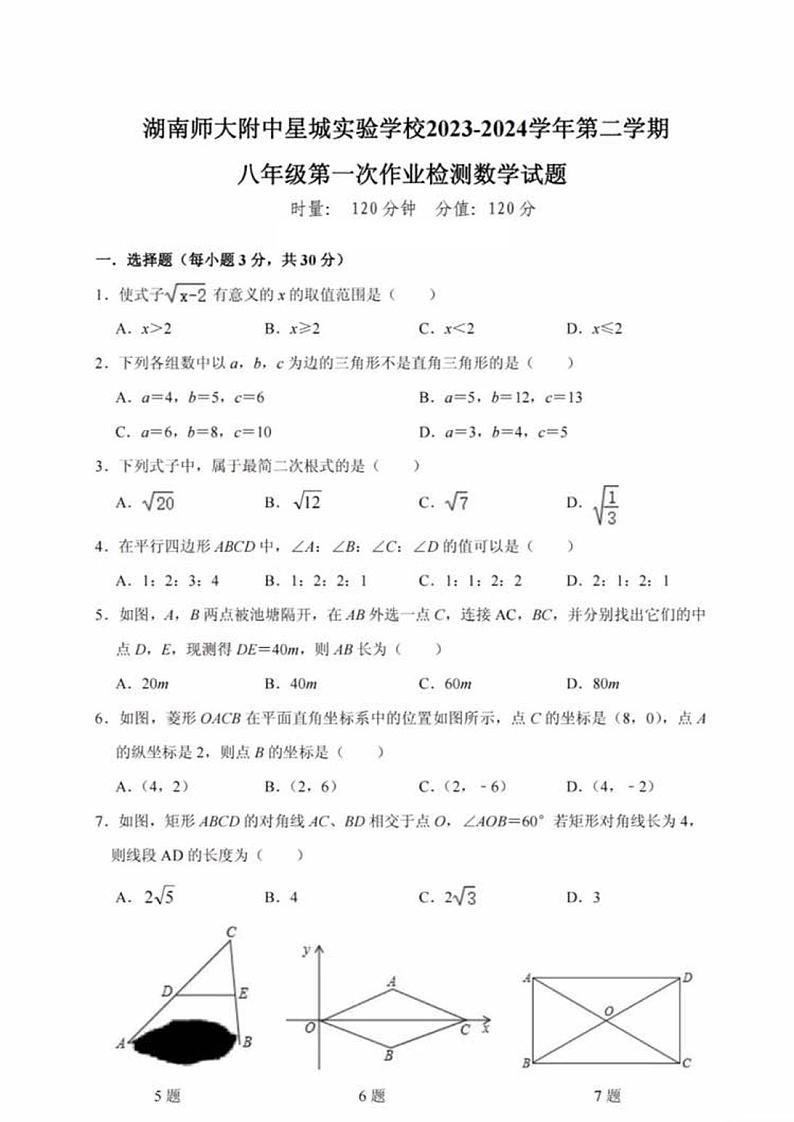 湖南省长沙市湖南师大附中星城实验中学2023-2024学年八年级下学期第一次月考数学试题01