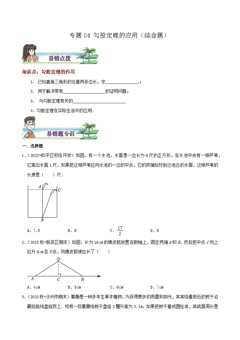 八年级数学上册章节重点复习考点讲义(北师大版)专题04勾股定理的应用综合题(原卷版+解析)01