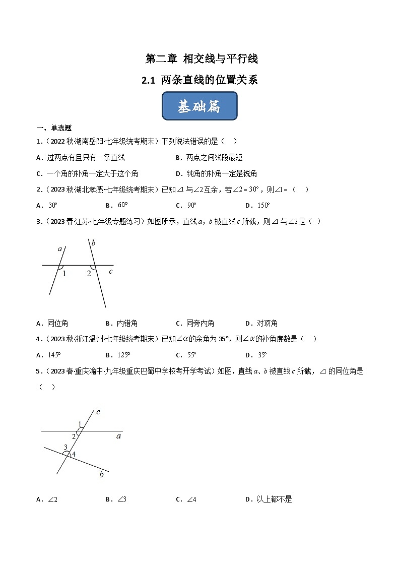 2023年中考数学压轴真题汇编(全国通用)2.1两条直线的位置关系(分层练习)(原卷版+解析)第1页