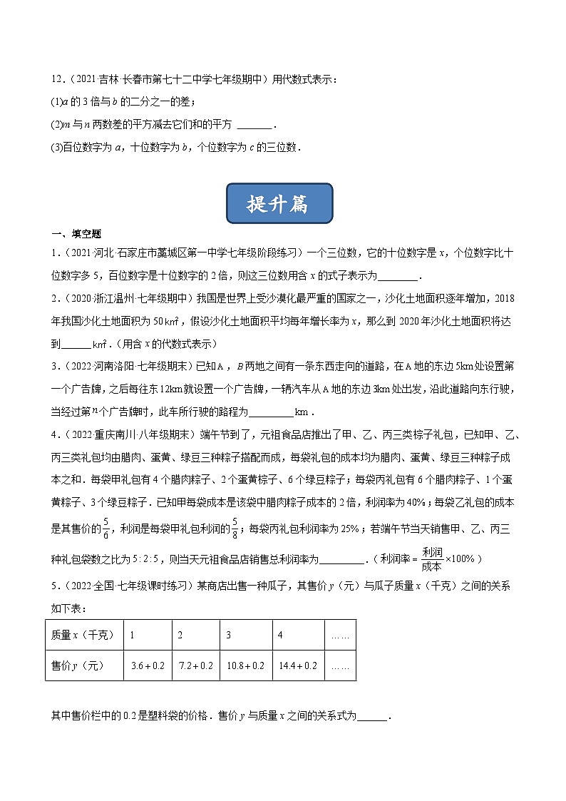 2023年中考数学压轴真题汇编(全国通用)3.1字母表示数(分层练习)(原卷版+解析)第3页