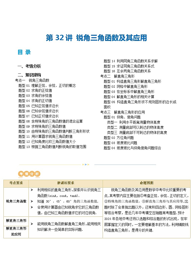 第32讲 锐角三角函数及其应用（讲义）2024年中考数学一轮复习（讲义+练习）（全国通用）01