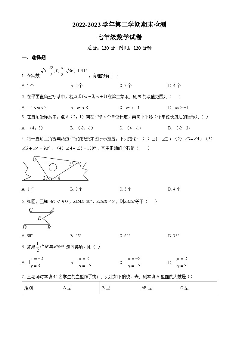 浙江省金华市七年级下学期期末数学试题（原卷版）第1页