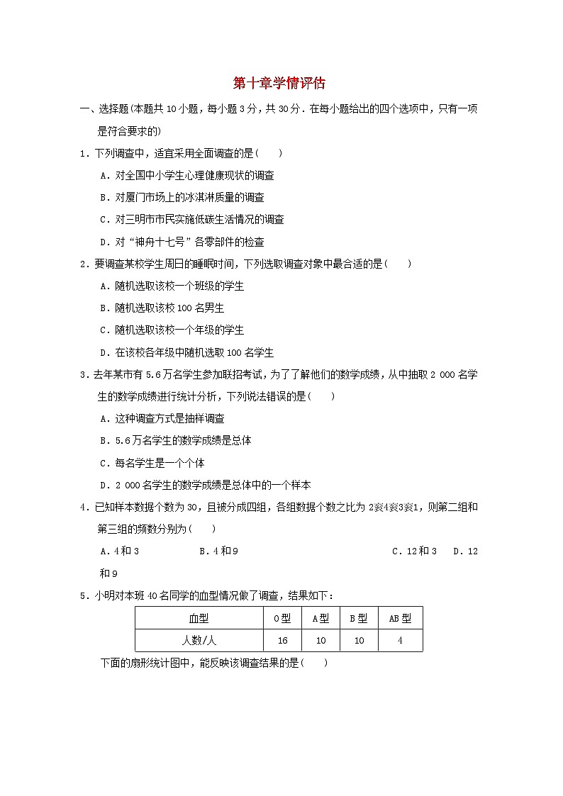 福建省2024七年级数学下册第十章数据的收集整理与描述学情评估试卷（附答案新人教版）第1页