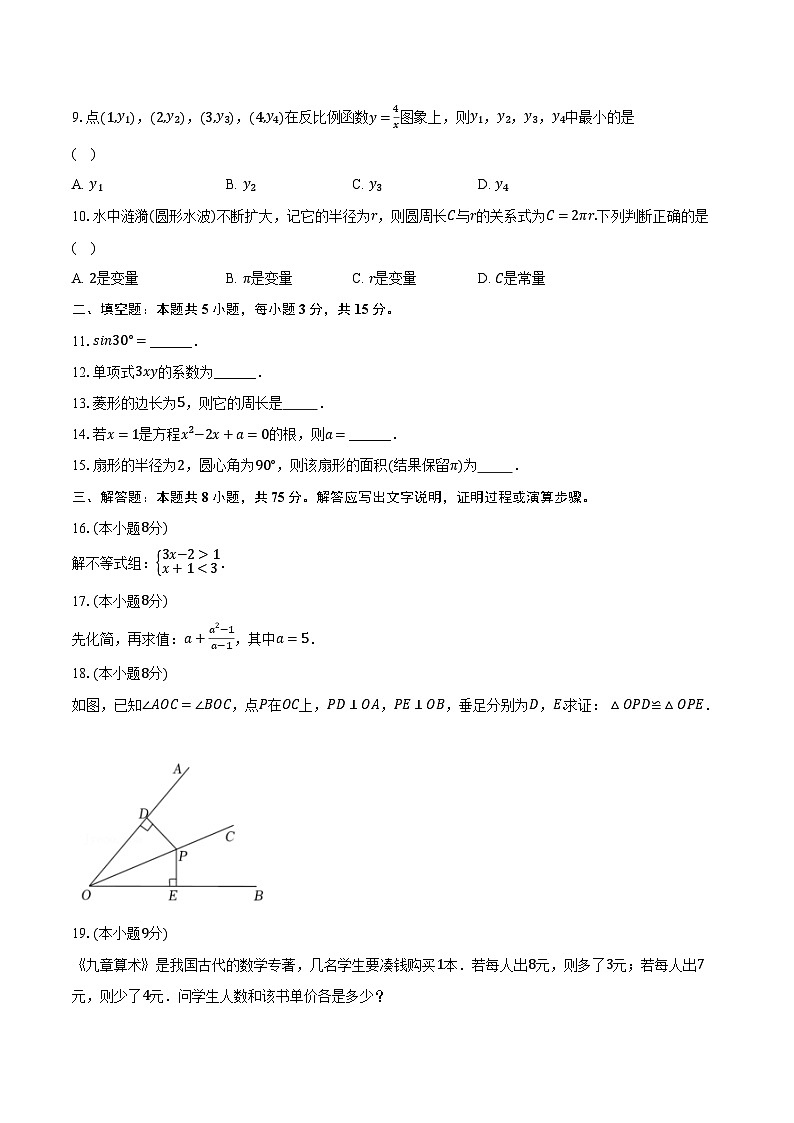 2024年湖南省株洲市茶陵县中考数学一模试卷（含解析）02