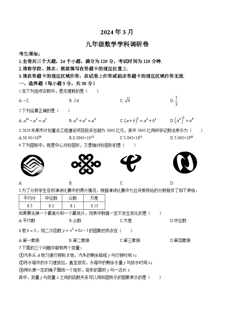 浙江省杭州市萧山区萧山城区九年级8校联考2023-2024学年九年级下学期3月月考数学试题01