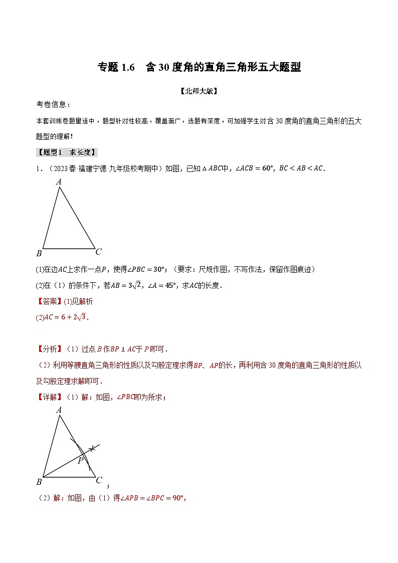 中考数学一轮复习专题1.6 含30度角的直角三角形五大题型（北师大版）（解析版）第1页