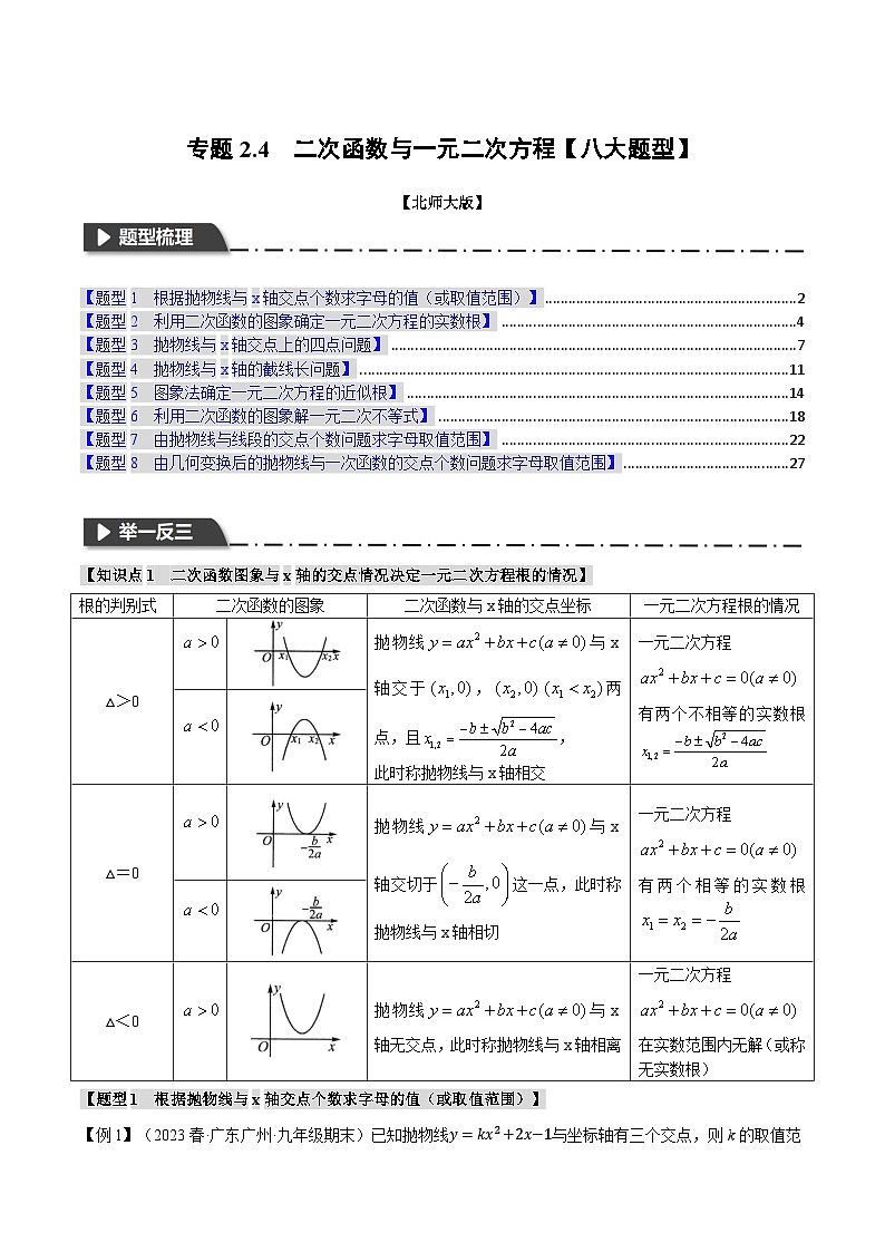 中考数学一轮复习专题2.4 二次函数与一元二次方程【八大题型】（举一反三）（北师大版）（解析版）第1页