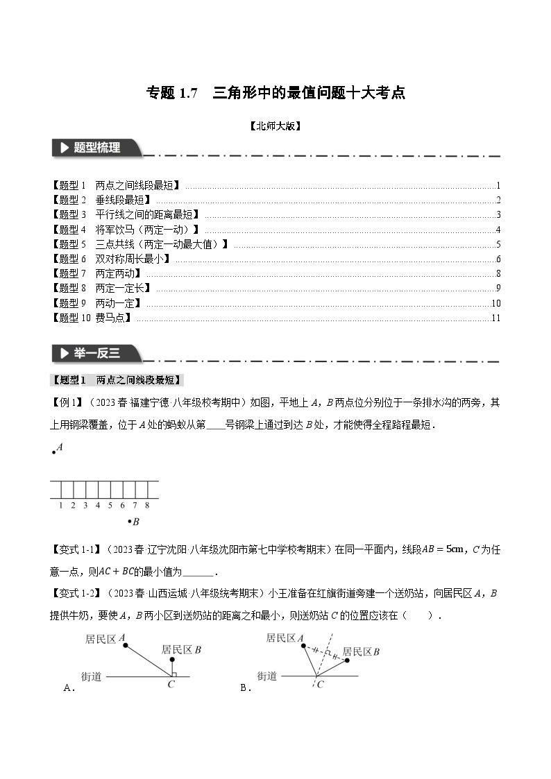 中考数学一轮复习专题1.7 三角形中的最值问题十大考点（北师大版）（原卷版）01