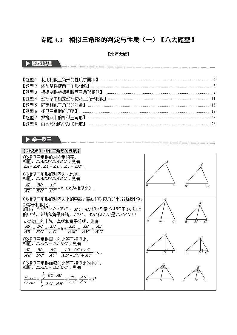 中考数学一轮复习专题4.3 相似三角形的判定与性质（一）【八大题型】（举一反三）（北师大版）（解析版）01