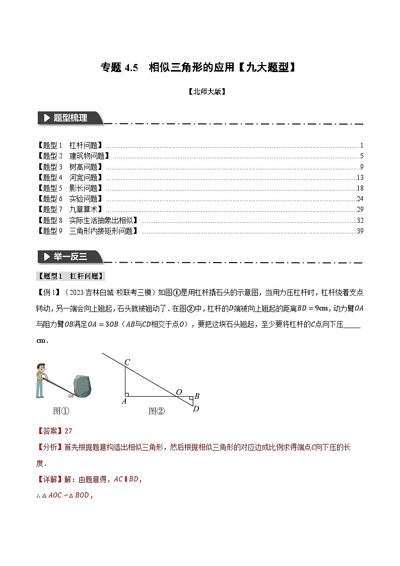 中考数学一轮复习专题4.5 相似三角形的应用【九大题型】（举一反三）（北师大版）（解析版）01