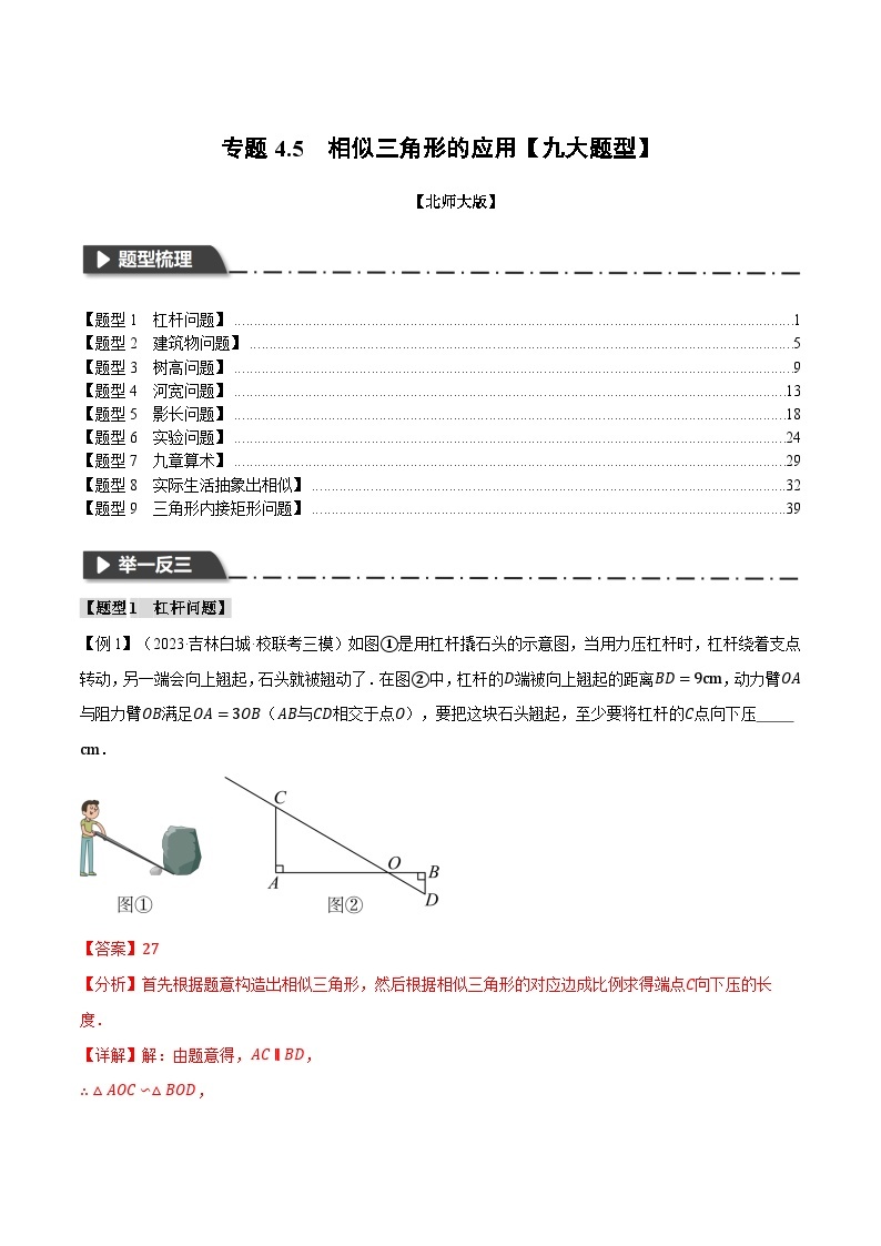 中考数学一轮复习专题4.5 相似三角形的应用【九大题型】（举一反三）（北师大版）（解析版）01