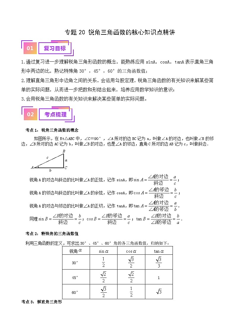 专题20 锐角三角函数的核心知识点精讲（讲义）-备战2024年中考数学一轮复习（全国通用）（解析版）第1页