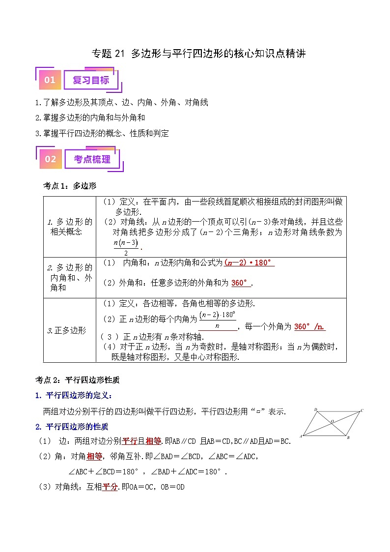 专题21 多边形与平行四边形的核心知识点精讲（讲义）-备战2024年中考数学一轮复习（全国通用）（解析版）第1页