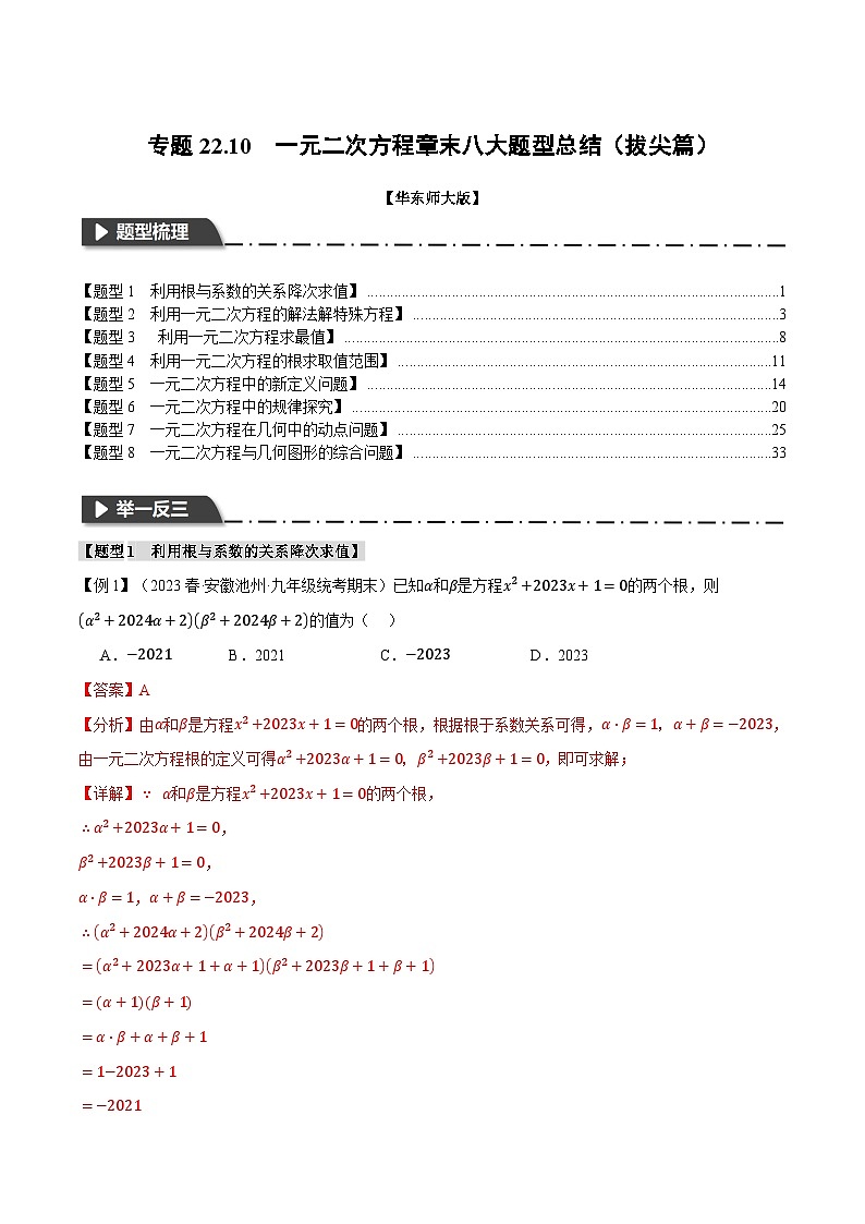 中考数学一轮复习：专题22.10 一元二次方程章末八大题型总结（拔尖篇）（华东师大版）（解析版）第1页