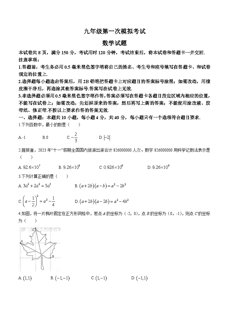 2024年山东省泰安市新泰市中考一模数学模拟试题01