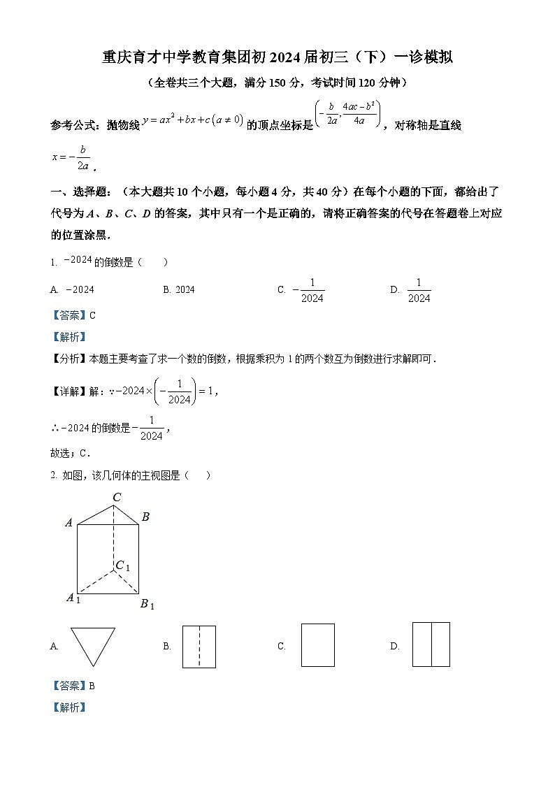 2024年重庆育才中学教育集团九年级数学 一诊模拟试题（原卷版+解析版）01