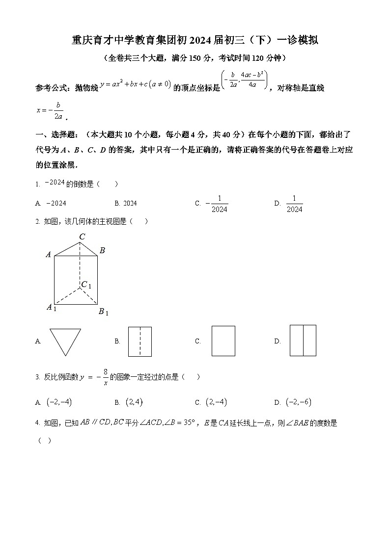 2024年重庆育才中学教育集团九年级数学 一诊模拟试题（原卷版+解析版）01