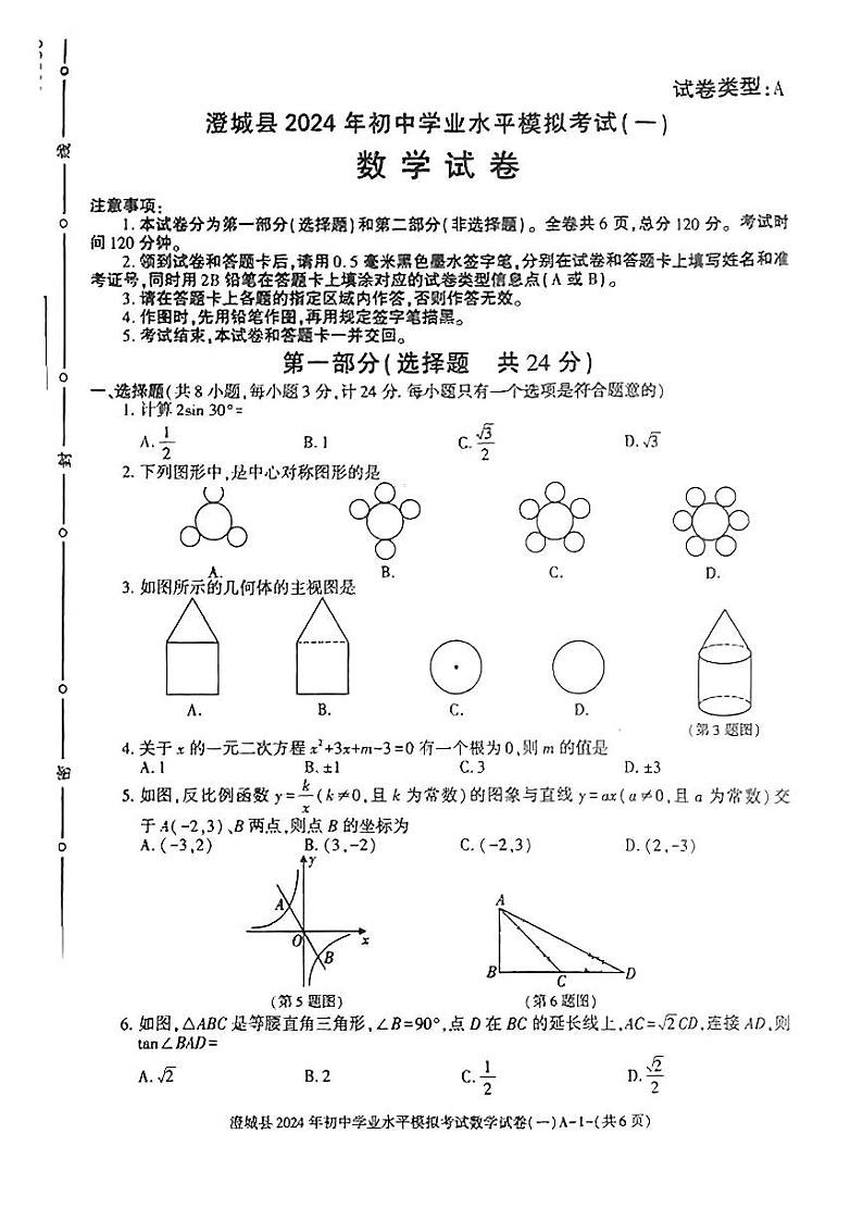 陕西省渭南市澄城县2024年九年级下学期九年级中考一模考试数学试题01