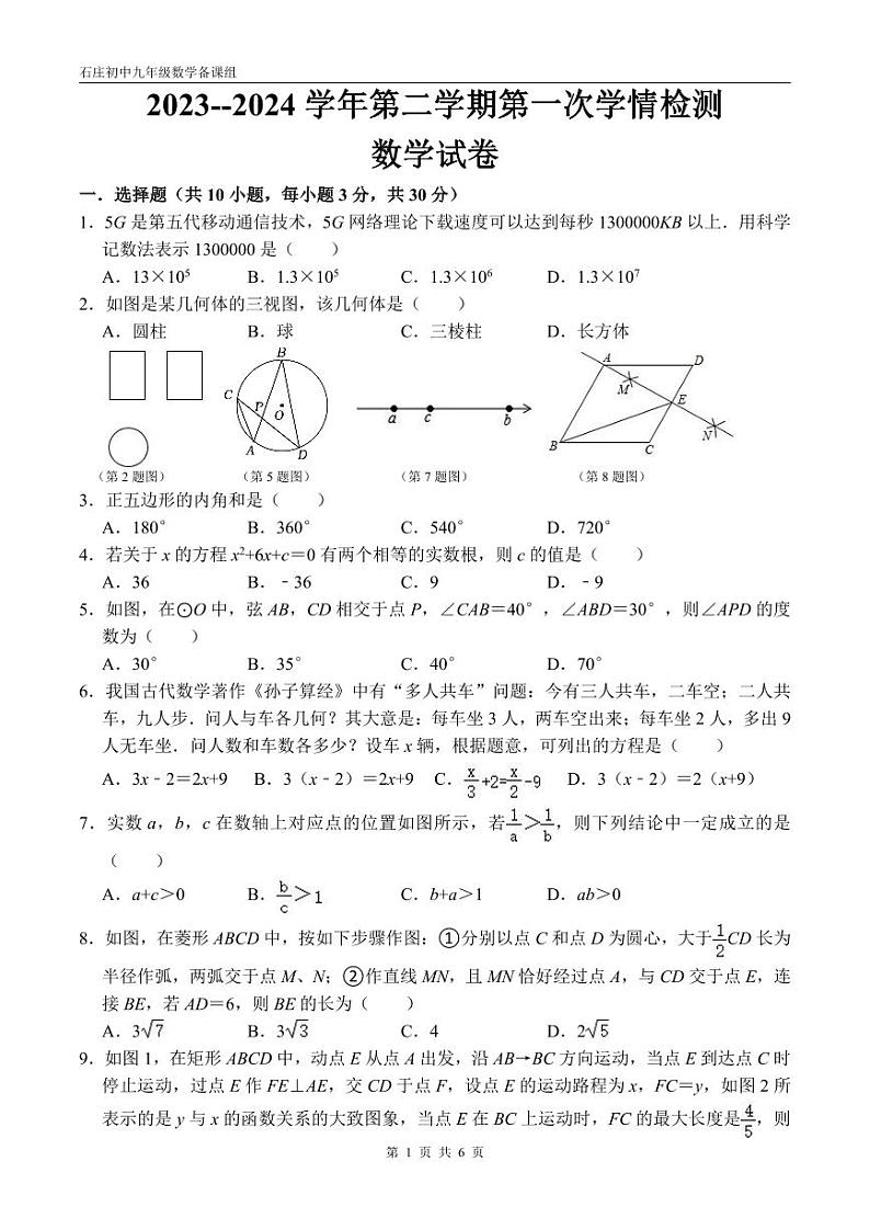 江苏省南通市如皋市石庄镇初级中学2023-2024学年九年级下学期第一次阶段性数学试题第1页