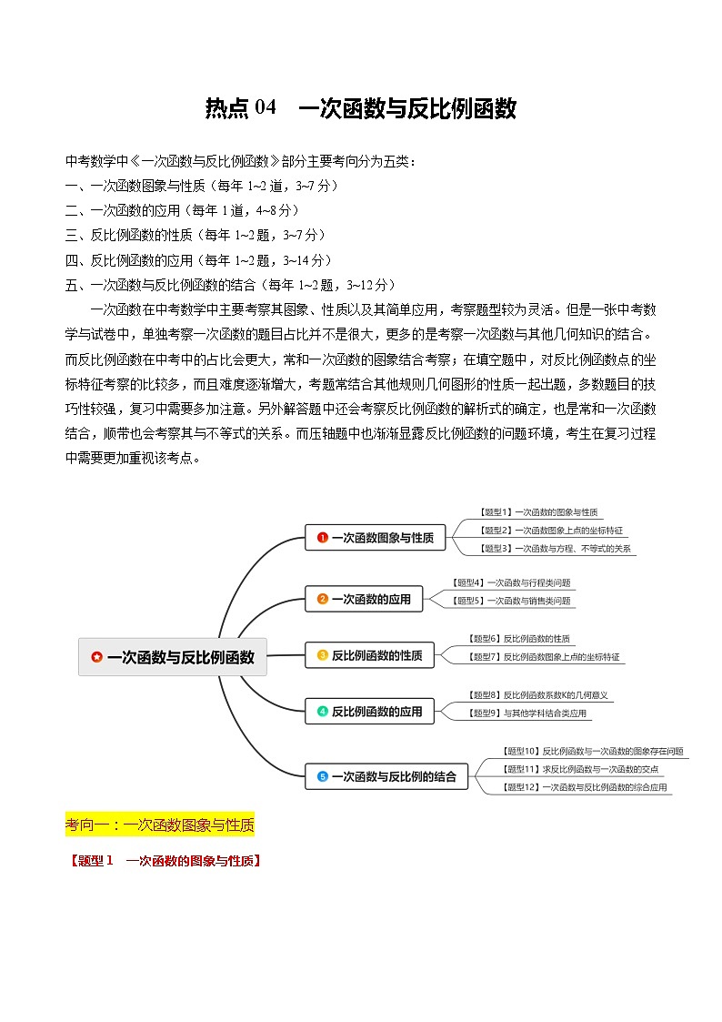 【中考二轮】2024年中考数学【热点•重点•难点】（全国通用）热点04 一次函数与反比例函数（12大题型 满分技巧 限时分层检测）-专题训练.zip01