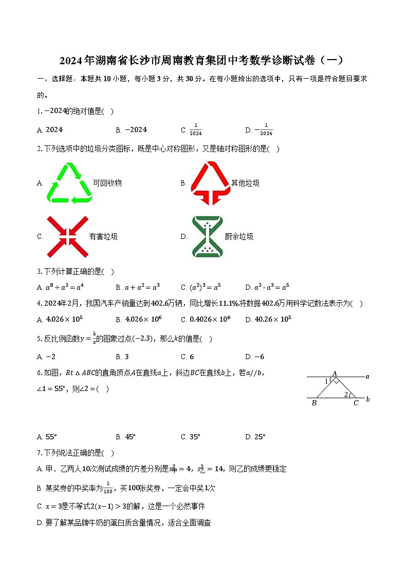 2024年湖南省长沙市周南教育集团中考数学诊断试卷（一）（含解析）第1页