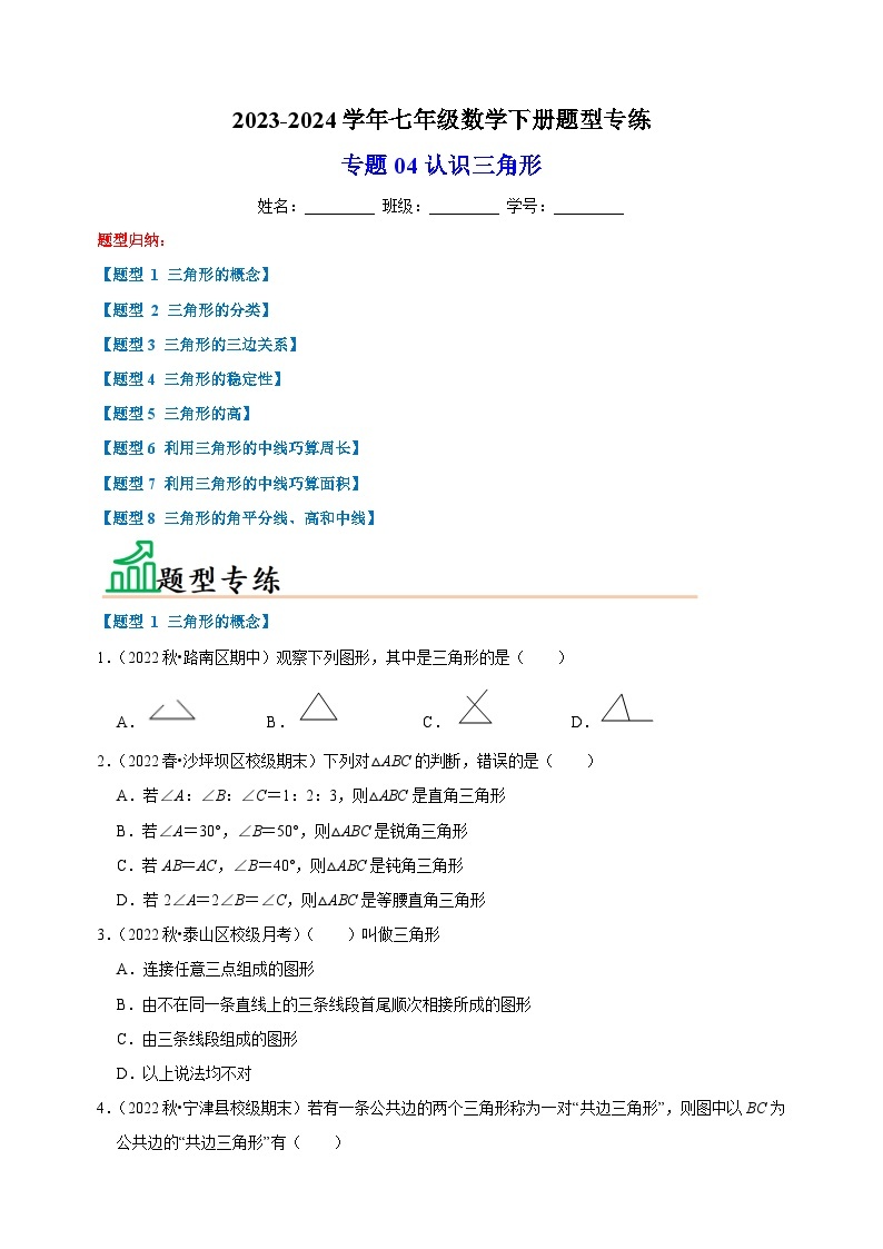 专题04 认识三角形-2023-2024学年苏科版七年级数学下册题型专练01