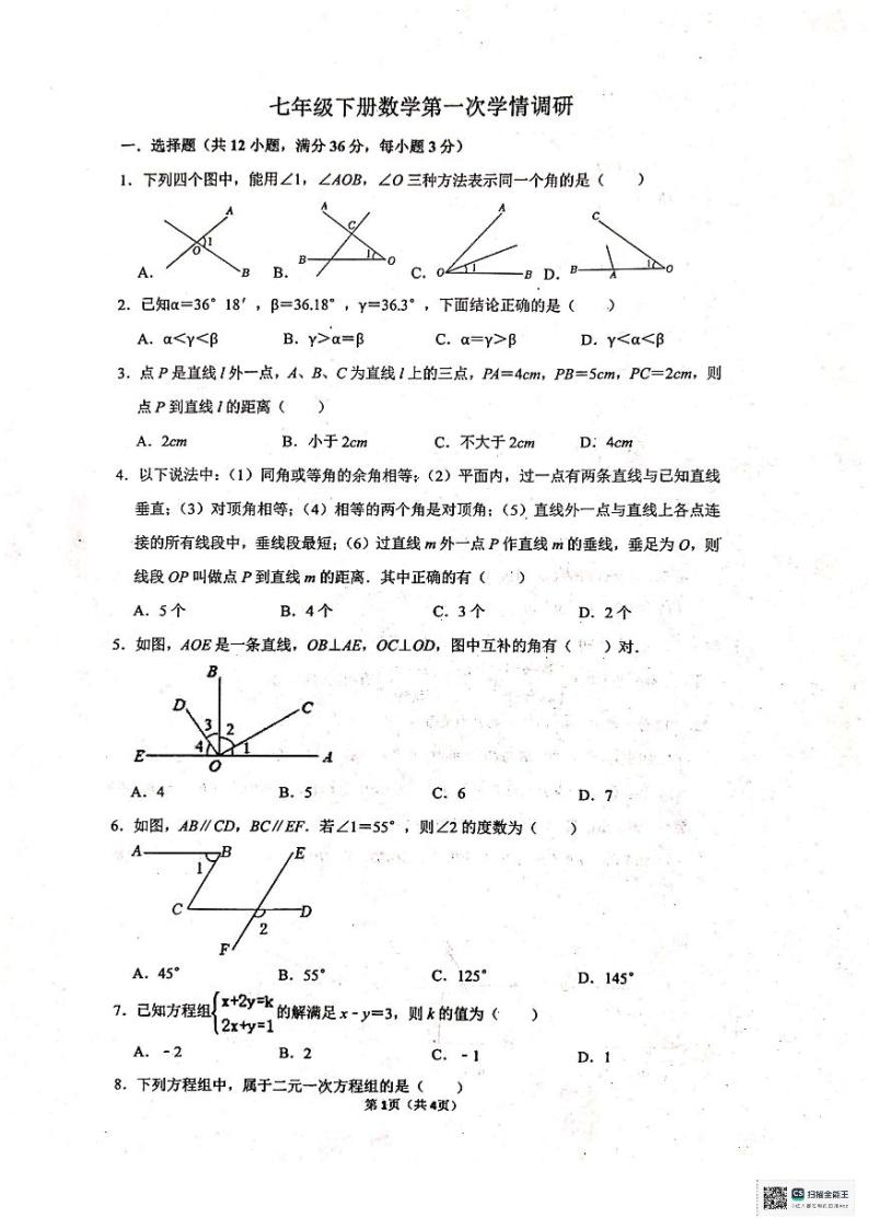 山东省聊城市东阿县实验中学2023—2024学年下学期第1次月考七年级数学试题01