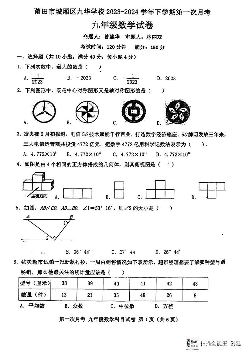福建省莆田市城厢区九华学校2023-2024学年九年级下学期3月月考数学试题第1页